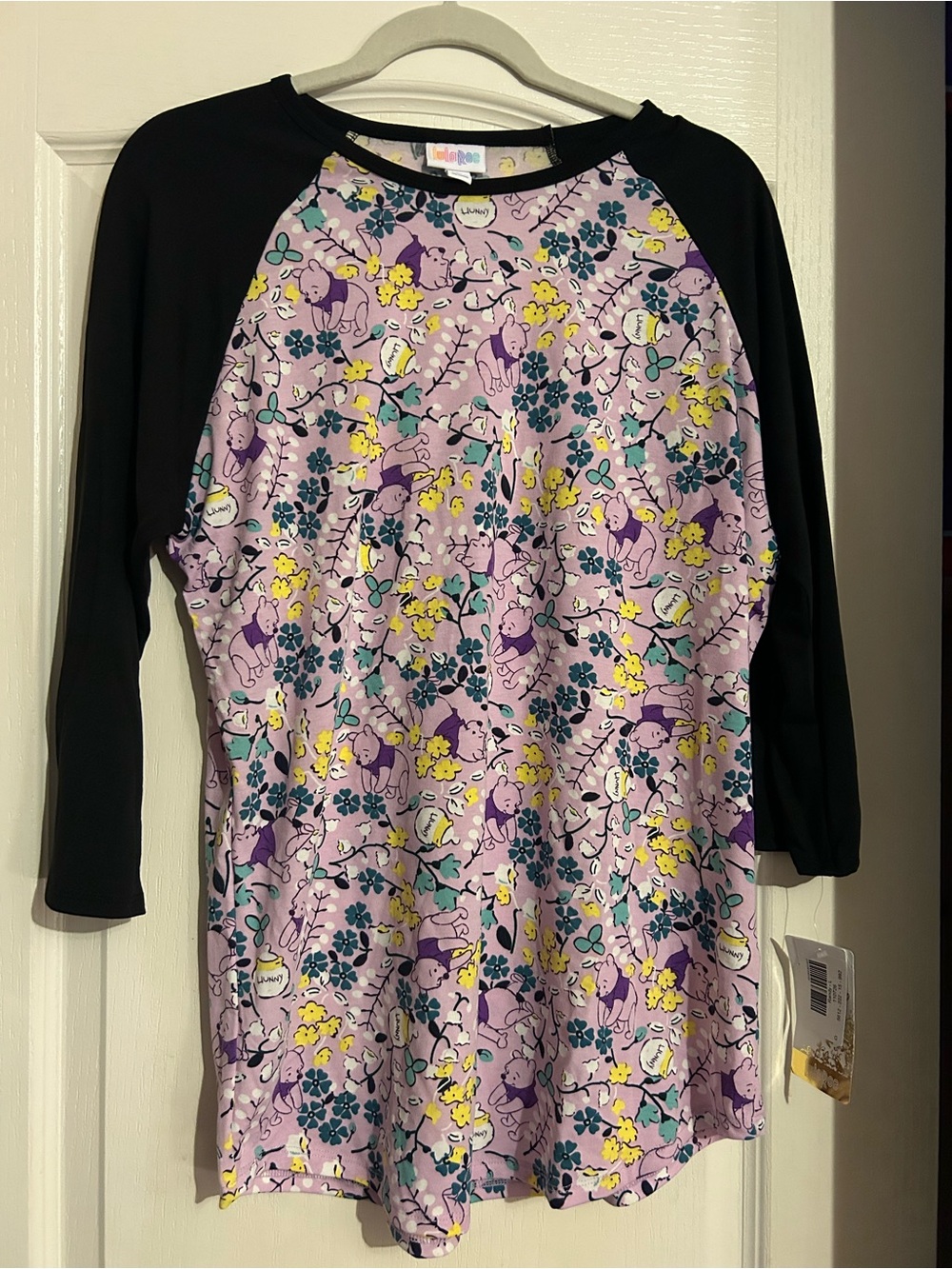 LuLaRoe Disney Randy Purple Floral Raglan Baseball Top Winnie the Pooh Large